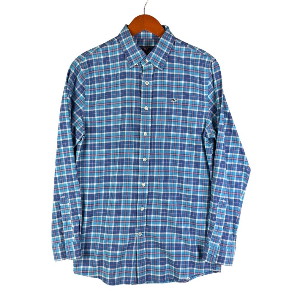 Vineyard Vines Whale Button Down Plaid Flannel Cotton Candy Blue Pink Kids XL 18
